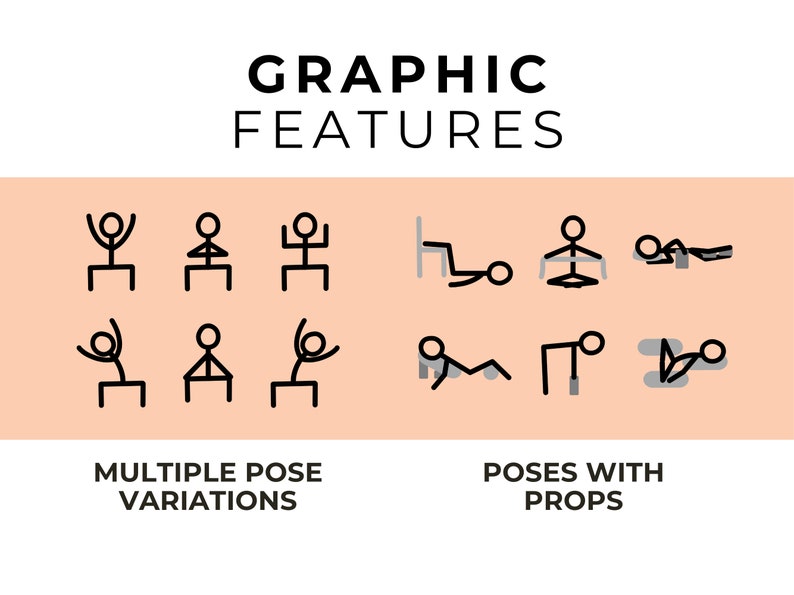 May include: Graphic features of stick figure yoga poses. The first row shows three different poses with variations in arm and leg positions. The second row shows three different poses with variations in arm and leg positions. The third row shows six different poses with props, including a chair, a block, and a strap.
