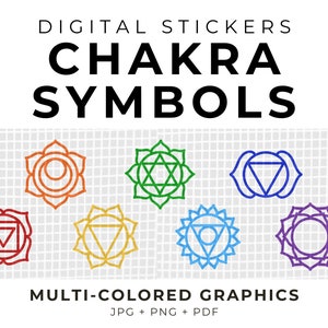 May include: Digital stickers featuring seven colorful chakra symbols. The symbols are outlined in black and filled with different colors. The text "DIGITAL STICKERS CHAKRA SYMBOLS MULTI-COLORED GRAPHICS JPG + PNG + PDF" is at the top and bottom of the image.