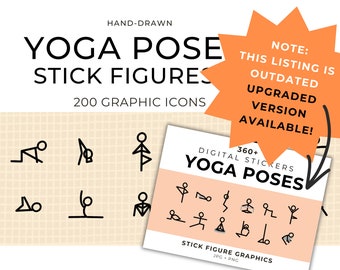 Yoga Pose Stick Figure Icons: 200 Digital Graphics (PNG, JPG)