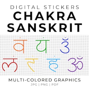 Chakra Sanskrit Graphics: Yoga Icons, Digital Planner Stickers (PDF, JPG, PNG)