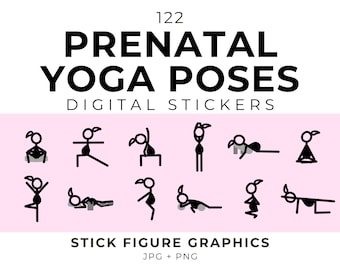 Puede incluir: Un conjunto de 122 pegatinas digitales con ilustraciones de poses de yoga prenatal en figuras de palo. Las poses se representan en negro sobre un fondo rosa. El texto "122 Prenatal Yoga Poses Digital Stickers" está en la parte superior de la imagen. El texto "Stick Figure Graphics JPG + PNG" está en la parte inferior de la imagen.