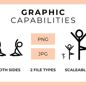 May include: Graphic capabilities illustration showing a stick figure in two poses, with text "BOTH SIDES".  Two buttons with text "PNG" and "JPG" are shown with text "2 FILE TYPES" below.  A stick figure in three different sizes is shown with text "SCALABLE" below.