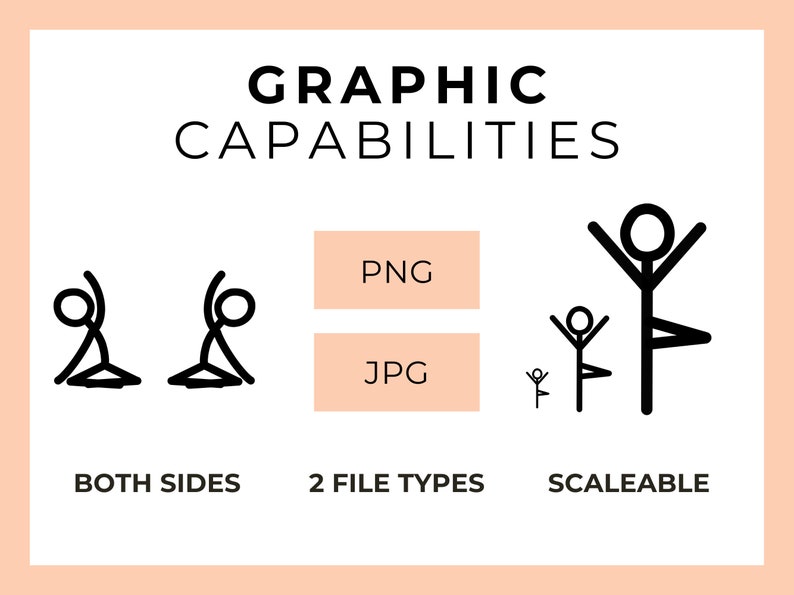 May include: Graphic capabilities illustration showing a stick figure in two poses, with text "BOTH SIDES".  Two buttons with text "PNG" and "JPG" are shown with text "2 FILE TYPES" below.  A stick figure in three different sizes is shown with text "SCALABLE" below.