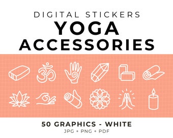 Yoga Accessory Stickers: 50 White Yoga Icons (PNG Digital Download)