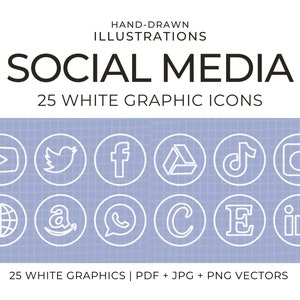 May include: A set of 25 white hand-drawn social media icons. The icons are arranged in a grid on a light blue background. The icons include popular social media platforms such as YouTube, Twitter, Facebook, Google Drive, TikTok, Instagram, Amazon, WhatsApp, Pinterest, and LinkedIn.