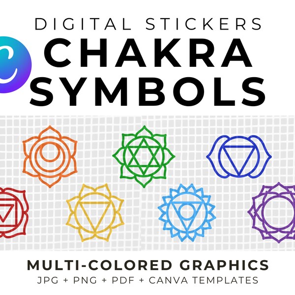 Chakra Symbols for yoga meditation Instagram highlights chakra digital stickers for yoga planners Canva Editable templates for yoga class