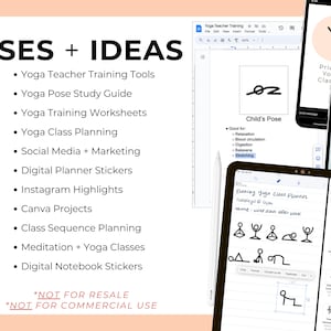 May include: A digital illustration of yoga poses with the text "Evening yoga Class Planner" and "Tuesday @ Lynn" written on a digital tablet. The text "*NOT FOR RESALE *NOT FOR COMMERCIAL USE" is written on a white background. The image also shows a digital planner with yoga poses and the text "Yoga Class Schedule".