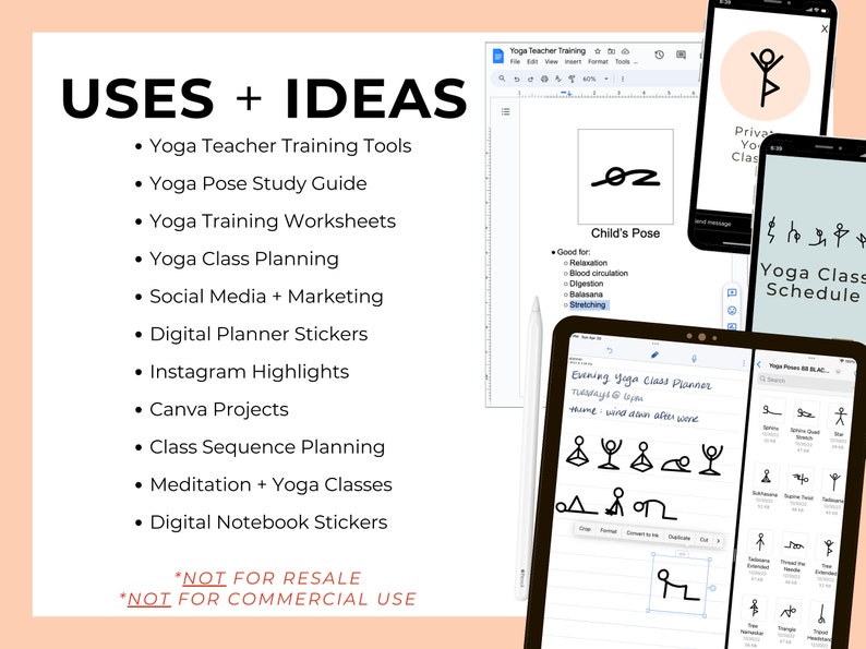 May include: A digital illustration of yoga poses with the text "Evening yoga Class Planner" and "Tuesday @ Lynn" written on a digital tablet. The text "*NOT FOR RESALE *NOT FOR COMMERCIAL USE" is written on a white background. The image also shows a digital planner with yoga poses and the text "Yoga Class Schedule".