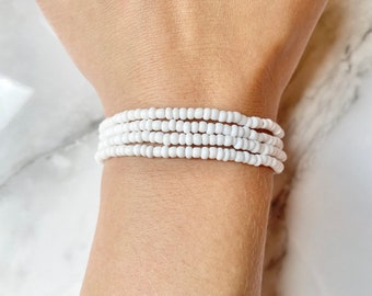 Set Of Four White seed bead bracelets | Stackable beaded bracelet. Beach bracelet. Water safe bracelet. Bracelet for her.