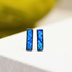 Tiny 925 Sterling Silver Blue Opal Bar Studs, Rhodium Plated 10mm Minimalist Earrings, Elegant Daily Accessory, Great Bridesmaid Gift 1833