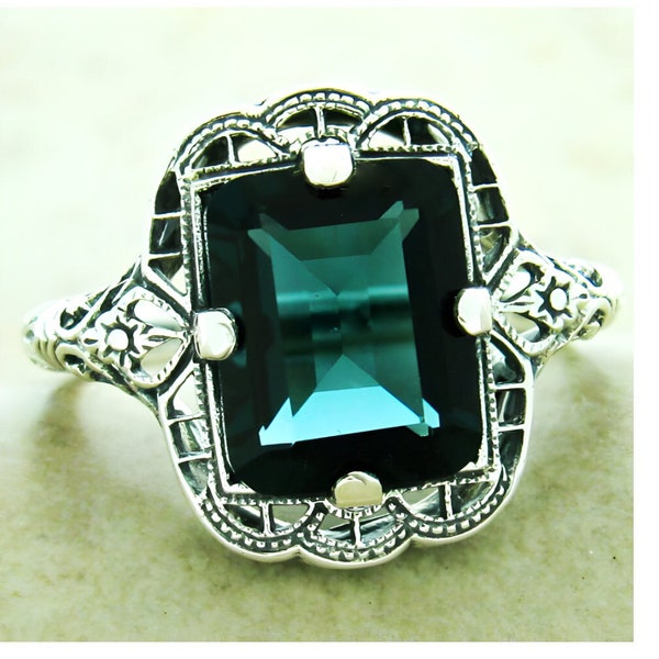 Vintage Estate 3 Carat London Blue Topaz Filigree Ring In 925 Solid Sterling Silver      1175