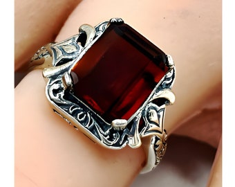 Vintage Estate 2.50 Carat Garnet Solitaire Filigree Ring In 925 Solid Sterling Silver     1124