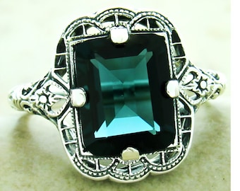 Vintage Estate 3 Carat London Blue Topaz Filigree Ring In 925 Solid Sterling Silver      1175