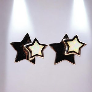 Tiny White Opal 925 Sterling Silver Double Star Stud Earrings,9mm Rhodium Plated,Minimalist Earrings for Daily Use,Unique Birthday Gift 1850