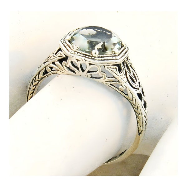 Vintage Estate Natural Green Amethyst Solitaire Filigree Ring In 925 Solid Sterling Silver        858