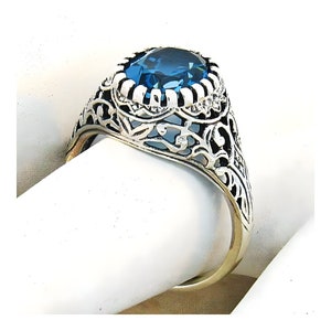 Vintage Natural London Blue Topaz Filigree Ring: 2.20 Carat 925 Sterling Silver, Genuine Gemstone Jewelry 723