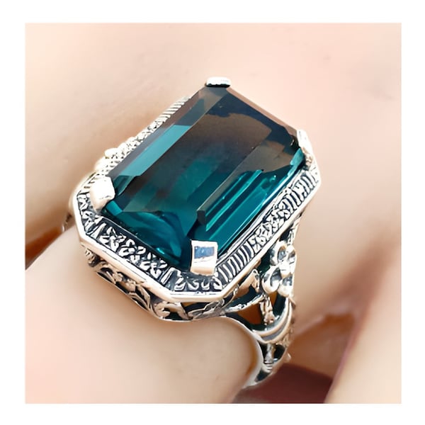 Vintage Estate 6.00 Carat London Blue Topaz Solitaire Filigree Ring In 925 Solid Sterling Silver            1141