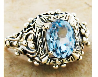 Vintage Aquamarine Filigree Ring In 925 Solid Sterling Silver       386