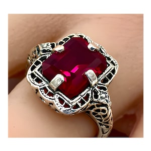 Vintage Simulated Ruby Ring: 925 Sterling Silver Filigree, July Birthstone 1176