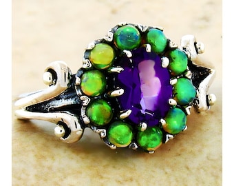 Vintage 925 Sterling Silver Amethyst Flower Ring Green Fire Opal Accents 281