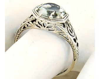 Vintage Natural Green Amethyst Solitaire Filigree Ring In 925 Solid Sterling Silver        858