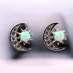 Tiny 925 Sterling Silver Moon and Sun White Opal Stud Earrings, 8.4mm Dainty Celestial Jewelry for Everyday Wear, Unique Birthday Gift 1848