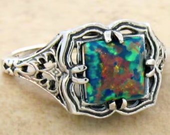 Vintage Black Fire Opal Solitaire Filigree Ring In 925 Solid Sterling Silver         729