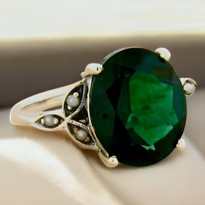 Vintage 5 Carat Sim. Emerald & Freshwater Pearl Filigree Ring In 925 Solid Sterling Silver, Beautiful May Birthstone Gift 535
