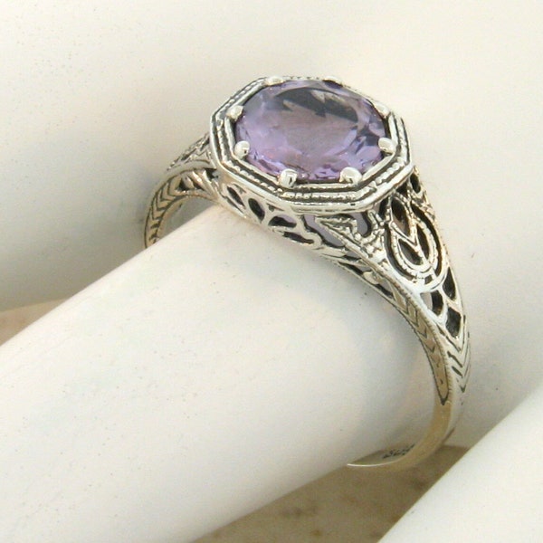 Vintage Estate Natural Amethyst Solitaire Filigree Ring In 925 Solid Sterling Silver      877