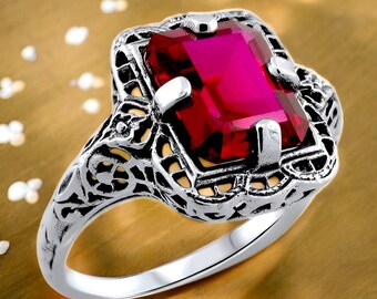 Vintage 925 Sterling Silver Lab Ruby Ring: Filigree Solitaire Jewelry 1176
