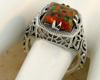 Vintage Estate Red Fire Opal Solitaire Filigree Ring In 925 Solid Sterling Silver      902