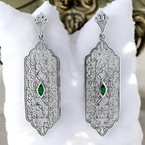 Vintage Estate Natural Emerald Filigree Earrings In 925 Solid Sterling Silver, Genuine Gemstone Jewelry Present                       969