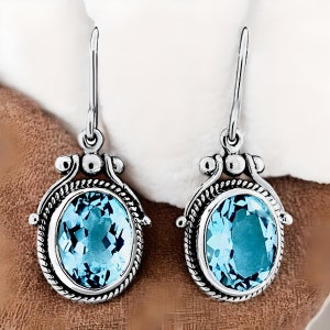 Vintage 8 Carat Natural Sky Blue Topaz Earrings, 925 Solid Sterling Silver Dangle Drop, French Wire Style, Elegant Jewelry Gift 984