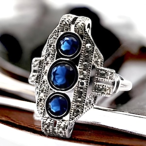 Vintage Royal Blue Sim. Sapphire Ring, 925 Sterling Silver, Rhodium Finish 1757