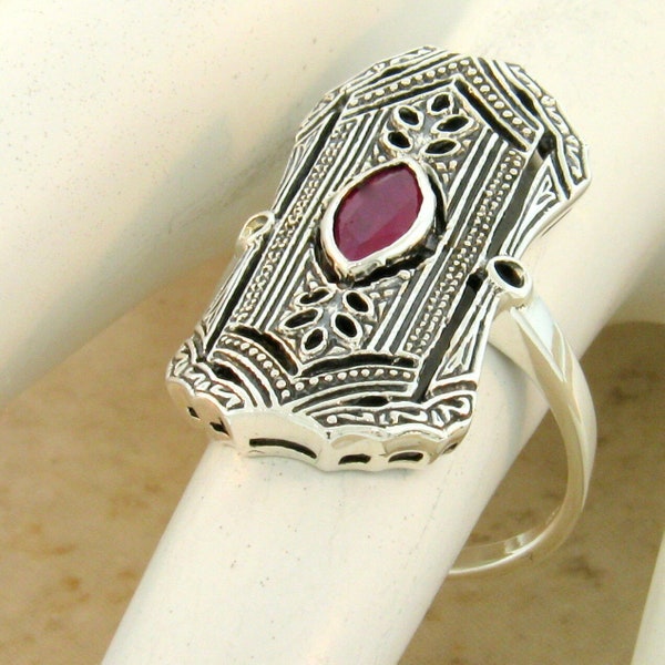 Vintage Estate Natural Marquise Cut Ruby Solitaire Filigree Ring In 925 Solid Sterling Silver          1077