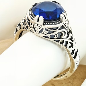 Vintage 2.50 Carat Royal Blue Lab Sapphire Ring: Filigree 925 Sterling Silver Solitaire 627