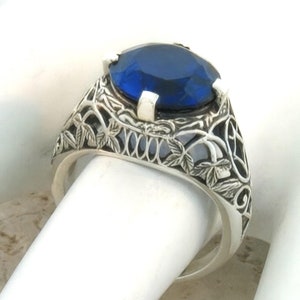 5 Carat Sapphire Statement Ring, 925 Sterling Silver, September Birthstone, Lab Sapphire, Filigree Vintage #097