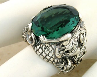 Vintage Antique Victorian Design Sim. Emerald Mermaid Ring In 925 Solid Sterling Silver            829