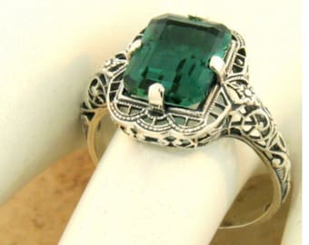 3.00 Carat Sim. Emerald Solitaire Filigree Ring In 925 Solid Sterling Silver Vintage Antique Design        1150