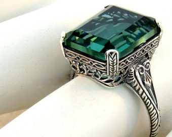 Ring Sizes 5 Through 12 Vintage Antique Design 8 Carat Sim. Emerald Solitaire Filigree Ring In 925 Solid Sterling Silver     #927