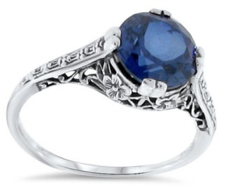 Vintage Art Deco Design Wedding Anniversary 3.50 Carat Lab Sapphire Solitaire Filigree Ring In 925 Solid Sterling Silver     084