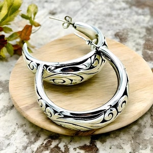 925 Sterling Silver Hoop Earrings, Filigree Design Push Back, Lightweight Everyday Jewelry, Thoughtful Birthday Present, Perfect Gift 1393