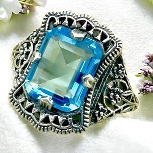 Vintage Vivid Blue Aquamarine Ring, 925 Solid Sterling Silver Filigree, Unique Gemstone Jewelry for Special Occasions, March Birthstone 1332