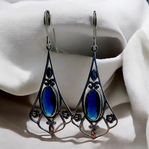 Vintage 925 Sterling Silver Dangle Earrings Royal Blue Sim. Sapphire, Elegant Jewelry for Special Occasions, Perfect Anniversary Gift 1811