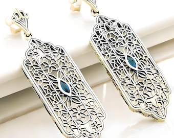 Vintage Natural Marquise London Blue Topaz Filigree Earrings, 925 Sterling Silver 971
