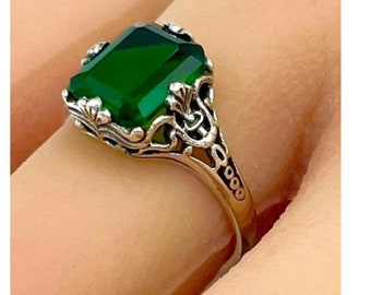 Vintage Filigree Sim. Emerald 925 Solid Sterling Silver Solitaire Ring       1337