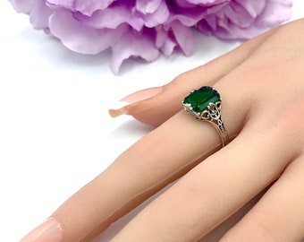 Vintage Solitaire Sim. Emerald In 925 Solid Sterling Silver Filigree Ring          1337