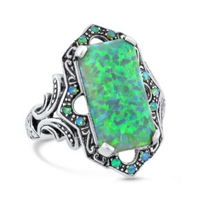 Vintage Estate Green Fire Opal Filigree Ring In 925 Solid Sterling Silver       460
