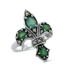 Anillo de filigrana de flor de lis con perla y esmeralda natural de estilo vintage en plata de ley maciza 925 591
