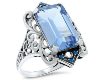 Ring Sizes 5 Through 10 Sky Blue Topaz & Opal Filigree Ring In 925 Solid Sterling Silver Antique Design #497